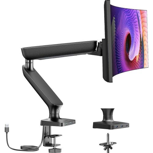 Single Monitor Mount for 13-49 Inch Screens up to 24 lbs, Ergonomic Adjustable Monitor Arm with Built-in USB 3.0 Hub, Space-Saving VESA Desk Mount for Home Office & Gaming, C-Clamp & Grommet Base