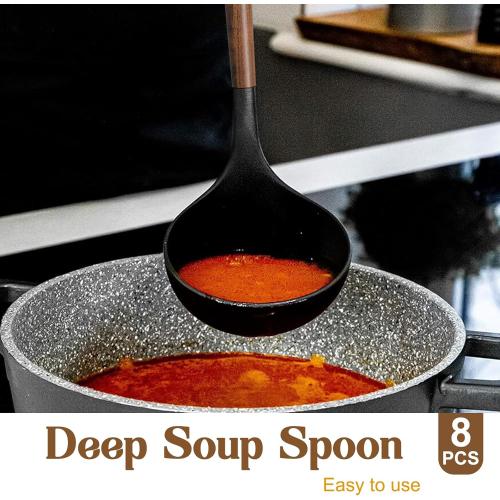 Silicone Cooking Utensil Set, Umite Chef 8-Piece Kitchen Utensils Set with Natural Acacia Wooden Handles,Food-Grade-Silicone Kitchen Gadgets Spatulas Set for Nonstick Cookware- Black ( 1 missing)