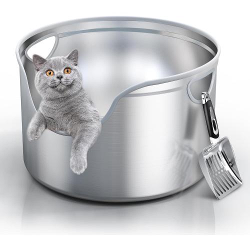 Stainless Steel Litter Box Metal with Integrated Round for XL/XXL Big and Multi Cats, 12 High Wall High Side, Odor Control, Easy to Clean, Durable, Includes Stainless Steel Scoop