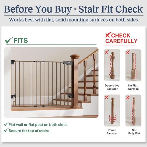 Cumbor 29.2–43 Baby Gate for Stairs, Hardware Mounted (Drill Required), Expandable No Bottom Bar Dog Gate, Auto Close Extra Wide Walk Thru, Pet & Toddler Proof Gate, Top & Bottom of Stairways (Brown)