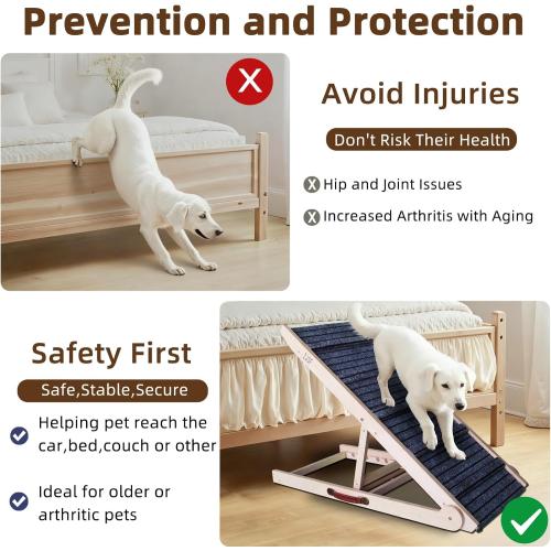 ZJSF Dog Ramp for Bed,Foldable Wooden Portable Non-Slip Dog Ramp for Couch,Small to Large Pet Ramp for Cars,Stairs with High Traction Mat,6 Adjustable Height from 13.5 to 30,Supports up to 230lbs