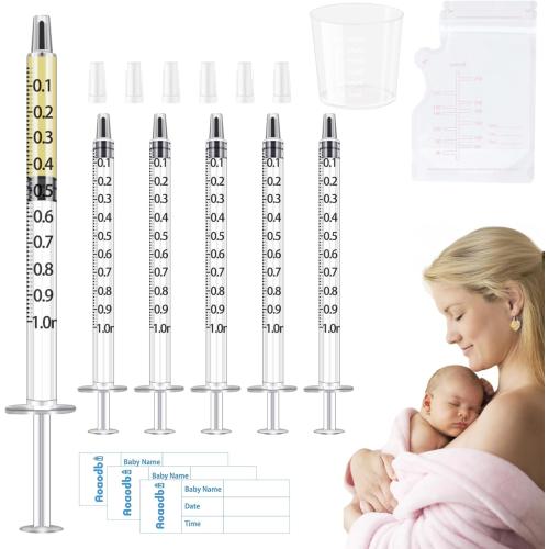 Colostrum Collector Kit Include 50pcs 1ml Sealed Breast Milk Collector No Needle Colostrum Syringes 5 Breastmilk Storage Bags and 1 piece 30 ml measuring cup with 50 Stickers