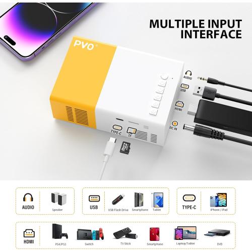 PVO Mini Projector Portable For Cartoon, Outdoor Video Projectors, LED Pico Movie-Projector for Home Theater, Kids Gift, Video Can Be Easily Mirrored Directly to The Projector Via Data Cable