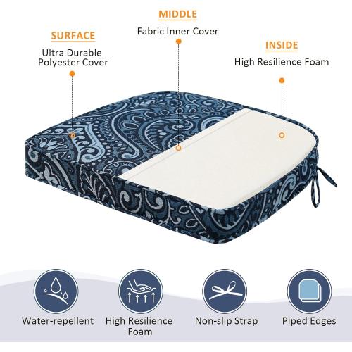 Unimatta Round Corner Seat Cushions, 17 x 16 x 2, Set of 4, Indoor Outdoor Water Repellent Universal Chair Pads with Ties for Patio Furniture, Garden Deck Dining Chairs, Damask Blue Flower