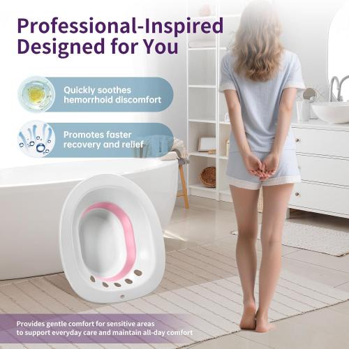 RUGUO Sitz Bath for Toilet Seat - Yoni Steam Seat - Sitz Bath for Hemorrhoids and Postpartum Care - Portable Bidet BPA Free - Foldable Basin for Epsom Salt Soak - Pink