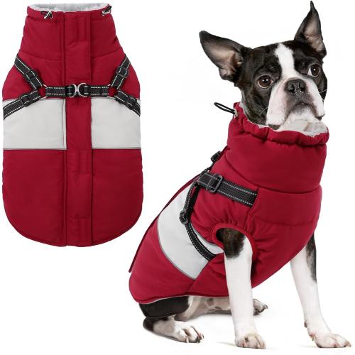 SUNFURA Small Dog Coat with Harness Built in, Warm Dog Jacket Winter with Zipper On Back, Waterproof Pet Snow Jacket Snowsuit Pet Sweater Clothes for Puppy, Burgundy XS