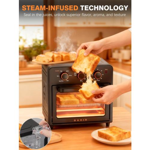 OUNIN Air Fryer Toaster Oven with Steam Infusion, 12 QT Compact Countertop Oven, 6-in-1 Stainless Steel Combo Bakes, Broils, Grills & Warms, Fast Preheat, 60-Minute Timer – Small Kitchen Friendly