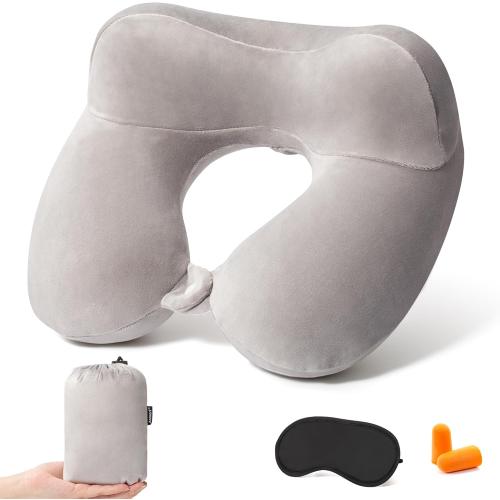Anmerl Inflatable Travel Pillow Soft Velvet Portable Neck Pillow with Storage Bag for Airplane Train Car Office