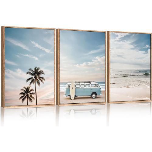 Ausril Large Ocean Beach Framed Canvas Wall Art Set, Bus and Palm Tree Wall Decor, Coastal Beach Surfboard Wall Painting, Modern Seaside Art Prints for Living Room, Bedroom, Dining Room - 24x36x3