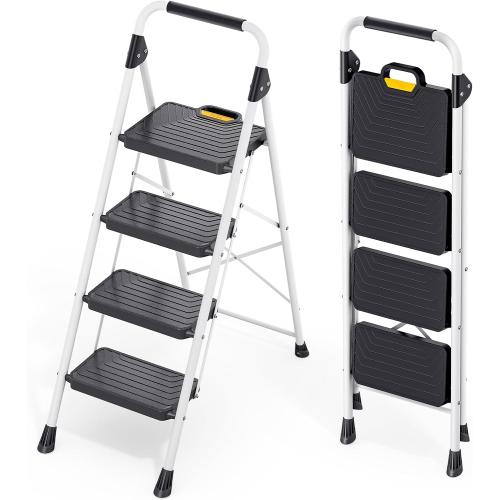 KINGRACK Sturdy Steel 4 Step Ladder, Folding Step Stool with Handrail, Anti-Slip Wide Pedals, Safe-Lock Design, Pass 800lbs Load Testing, Portable Ladder for Multi-Purpose in Home, Kitchen, White