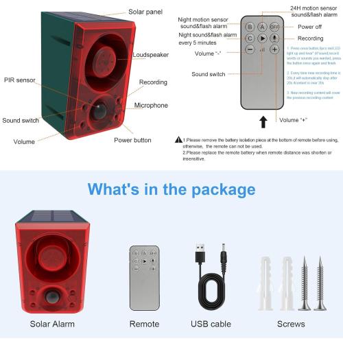 ChunHee Solar Outdoor Motion Sensor Alarm with Dog Barking Gunshot Sound, Support Recording and Adjustable Volume, 130db Loud Noise Maker 3 Work Modes Strobe Light for Home, Villa, Farm, Barn (3pack)