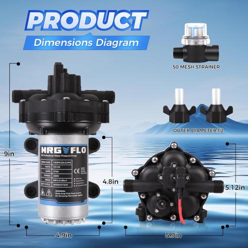 [Upgraded Version] 12V DC RV Fresh Water Pump, 7GPM 70PSI, Five Chamber Self-Priming Diaphragm Pump with Heavy Duty Pressure Switch & Strainer (12V-7GPM-70PSI)