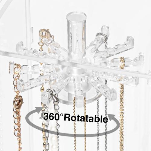 Clear 12.5 x 6.3 x 3.3 Necklace Holder, Acrylic Jewelry Organizer with 24 Hooks, Rotation Clear Necklaces Pendant Display Case Stand, Dust-proof Velvet Tray Hanging Rack Storage for Earrings Rings