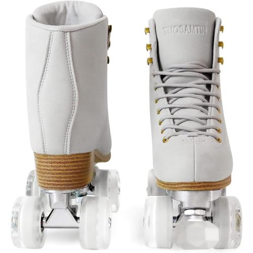 Size 9 Color Grey Roller Skates for Women or Men with Height Adjustable Rubber Stoppers Retro Suede Quad Roller Skates for Outdoor and Indoor