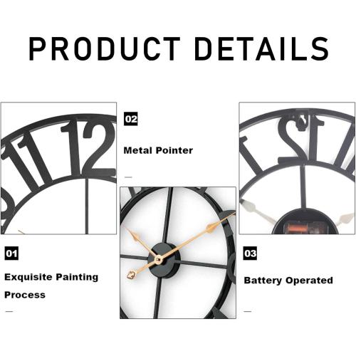 24 Inch Wall Clock for Living Room Decor, Modern Industrial Wall Clocks Battery Operated, Silent Non-Ticking Analog Metal Clock for Dining Room, Bedroom, Home, Office