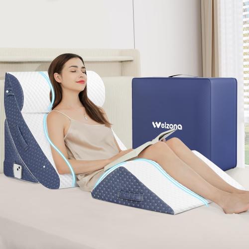 Welzona 4Pcs Orthopedic Bed Wedge Pillow Set for Post Surgery, Gel-Infused Memory Foam Layer Wedge Pillow for Sleep Apnea, Leg, Knee, Back, and Arm Support, Sit up Pillow for Bed