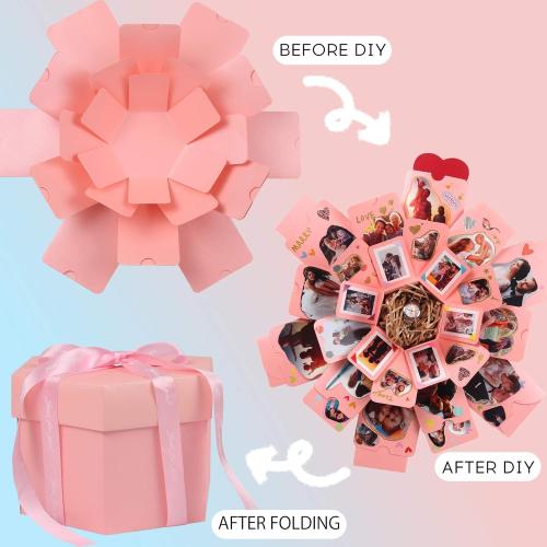 RECUTMS Explosion Gift Box, Handmade Exploding Photo Album Mothers Day Gifts,Gift Box with 6 Faces for Boyfriend, Girlfriend, Wedding, Birthday Party, Memory Box(Pink-6 Sides)