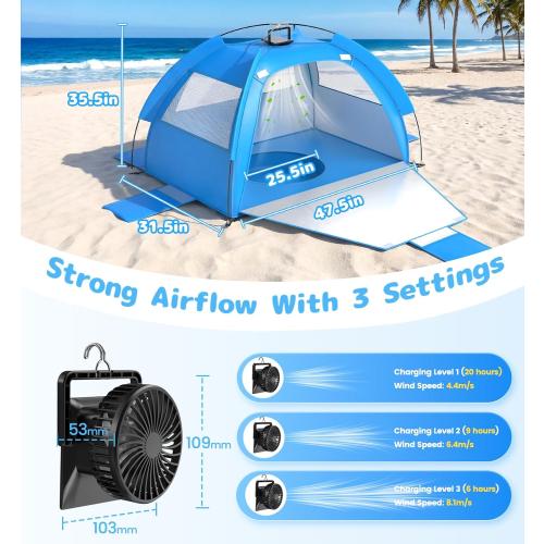 Baby Beach Tent Solar Cooling Fan, Anti-UV Toddler Beach Tent Sun Shelter Portable Travel Fan Beach Shade Tent, Baby Play Tent Built-in Ceiling Fan Sun Shelters Toddler Beach Essentials Blue