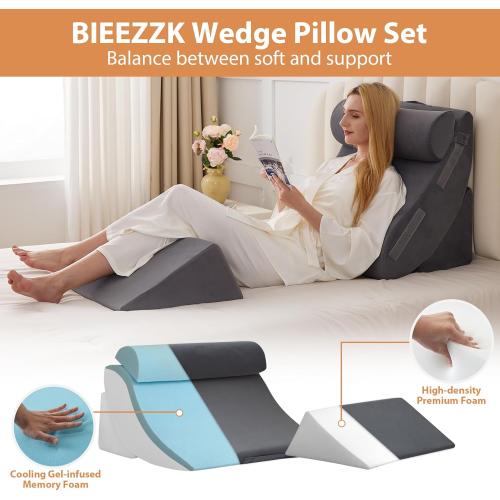 4PCS Wedge Pillow Set for After Surgery, Orthopedic Bed Wedge Pillow for Back Pain Relief, Sitting up in Bed,Recovery, Acid Reflux, Snoring, Body Pillow for Sleeping,Leg,Shoulder Support, Velvet Grey