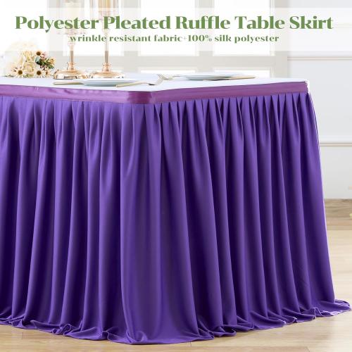 Partisky Purple Polyester Table Skirt for Rectangle Tables 9ft, Wrinkle Resistant Pleated Ruffle Table Cloth for Banquet Wedding Trade Baby Shower Display Gift Dining Table