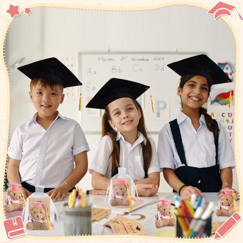 50 Pcs 2025 Preschool Graduation Bear Bulk Set with 25 Mini Graduation Gift Stuffed Bear 25 Adjustable Wish Bracelets Organza Bag for Class of 2025 Preschool Kid Child Student Grad Party Favor(Pink)