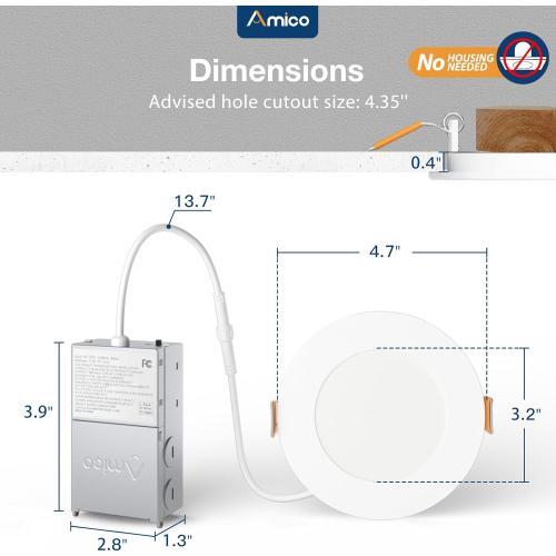 Amico 24 Pack 4 Inch 5CCT Ultra-Thin LED Recessed Ceiling Light with Junction Box, 2700K/3000K/3500K/4000K/5000K Selectable, 10W Eqv 60W, Dimmable Can Light, 800LM High Brightness Downlight - ETL&FCC