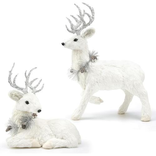 naturevibe 18 Inches Sisal Christmas Reindeer Set of 2,Realistic Woodland Animals Reindeer Figurine with Silver Accent for White Christmas Decorations,Centerpiece Table Decorations or Fireplace Decor