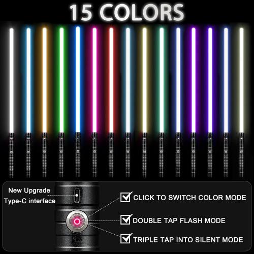 2 in 1 Dueling Lightsaber Alloy Handle Light Saber 15 RGB Colors with 4 Modes 6 Sound Effects USB Rechargeable Detachable Lightsaber for Kids Adults Ideal Birthday Children's Day Halloween Christmas