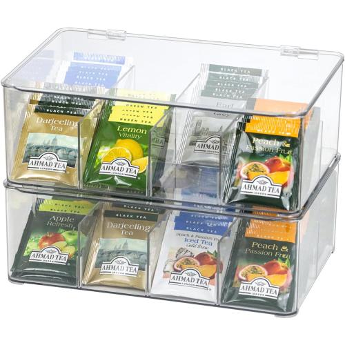 Plastic Clear Storage Containers, Set of 2 Tea Bag Organizer Boxes 8 Compartments with Lids, Underwear Tie Drawer Organizer, Dresser Organizer (10.8×7×3.7)