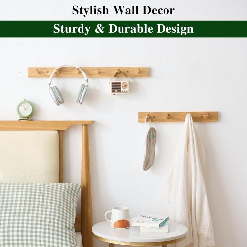 Size 24 Color Hickory Wood Coat Rack Wall Mount 24 inches, Wooden Coat Hooks with 6 Hooks Coat Hanger for Hanging Hat Jacket Purse, Wall Hooks for Entryway, Bathroom, Bedroom, Natural
