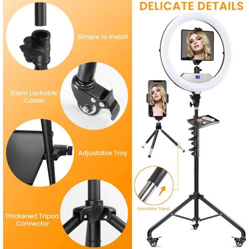 22 Large Ring Light with Stand, Upgraded Foldable LED Big Ringlight with 75 Tripod & Mini Tripod Wheel Tray for Live Tattoo Makeup Video Recording Barber Photography