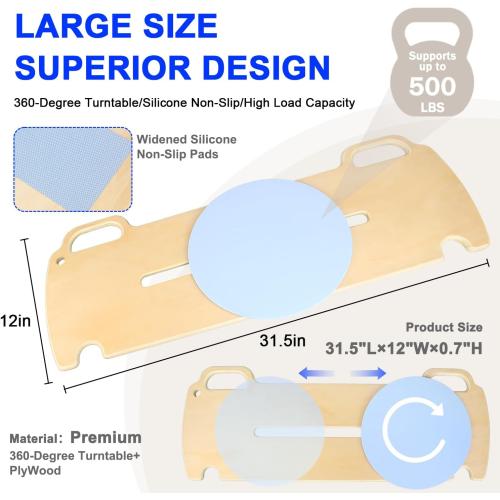 360-Degree Turntable Transfer Board, Sliding Board for Smooth, Pain-Free Transfers from Wheelchair to Bed, Toilet, Car, with Non-Slip Pads, for Seniors, Disabled, Patients (31.5 x 12 x 0.7)