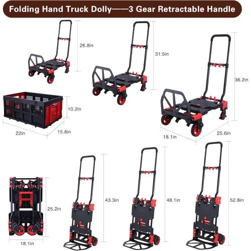 Size 25x18x4.7 Color Red 2-in-1Hand Truck Dolly Foldable with Folding Basket,330LBS Capacity Handtruck,Hand Truck Foldable Dolly with 4 Wheels,Dolly Cart with Retractable Handle,Folding Hand Cart for Moving