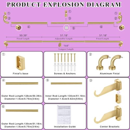 Brass Disc Curtain Rods, 84-144 Inches Window Curtain Rod,Adjustable Room Darkening Curtain Rod with Aluminum Finials and Brackets,Wrap Around Design