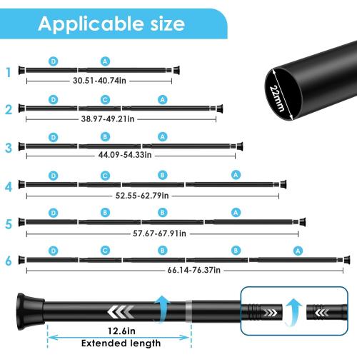 Tension Curtain Rod 31 To 76 Inch Black Shower Curtain Rod | No Drilling Adjustable Spring Loaded Curtain Rods 7/8Diameter Shower Rods For Bathroom Windows Bedroom Closet