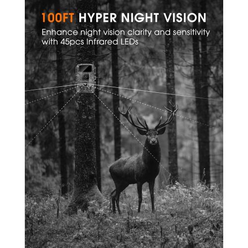 Trail Camera WiFi 4K 64MP with 64GB Memory Card 8 Batteries and Night Vision Ip67 Waterproof 130°Wide Angle 0.1s Trigger Speed, Suitable for Outdoor Wildlife Detection, Monitoring Game Cam