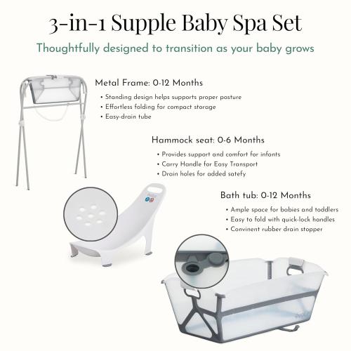 Evolur Supple Baby Spa Set with Infant Bathtub, Hammock Support Seat & Metal Frame, Newborn Tub for 0–12 Months, Complete Baby Care Essentials Gift Set for New Parents, White