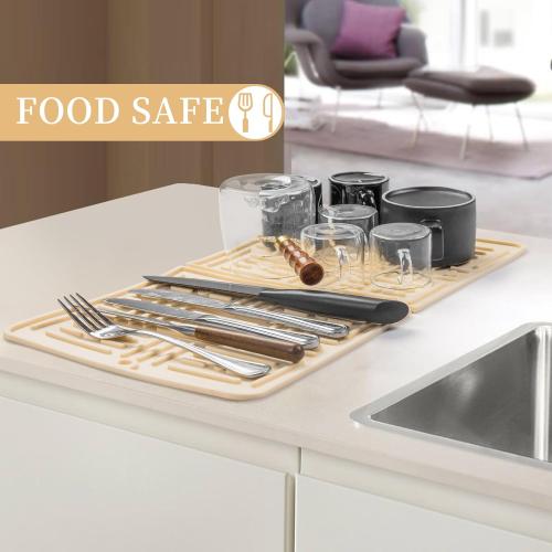 Silicone Dish Drying Mat for Kitchen Counter, Multi Usage, Heat Resistant, Collapsible Dish Dryer Mat for Kitchen Sink Dishes, Refrigerator, Drawer liner, 18 x 10, Cream White