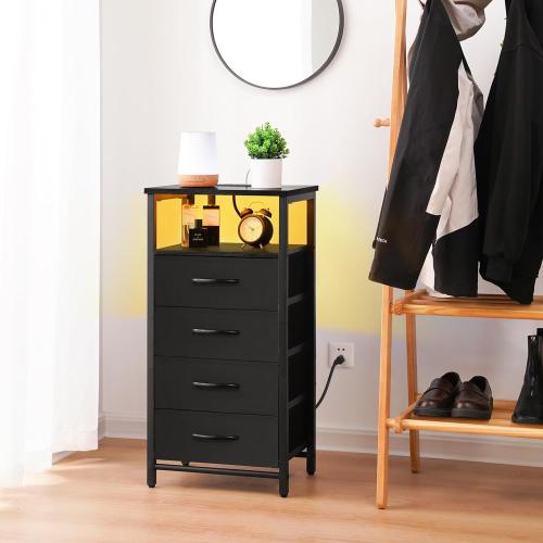Yoobure Night Stand - Small Dresser for Bedroom, LED Black Nightstand with Charging Station, Bedside Table with 4 Fabric Drawers and Open Shelf, Vertical Dressers with USB Ports and Outlets may have missing accessories