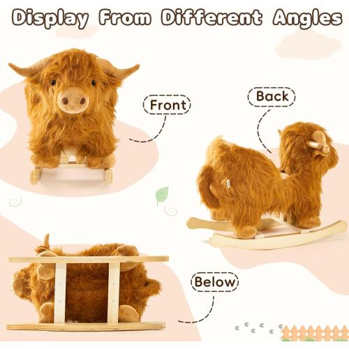 Baby Rocking Horse,Highlander Cattle Wooden Rocking Horse for Toddlers 1 Year Old Cute Cow Stuffed Plush Ride-on Toy Rocking Animal for Baby Boys and Girls Nursery/Child Christmas or Birthday Gift