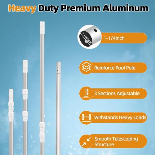 Pool Pole, Professional 12 FT Thicken Pool Pole Telescopic, Pool Cleaning Pole, Adjustable 3 Piece Telescopic Pole, Swimming Pool Cleaning Pole, Strong Lock & Grip