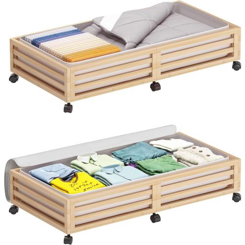 Wisuce Bamboo Under Bed Storage Containers- Underbed Organizer with Wheels with Large Dust Bag,Sturdy Wood Rolling Under the Bed Shoe Storage Organizer Drawer 2 Packs (Nature, Long)
