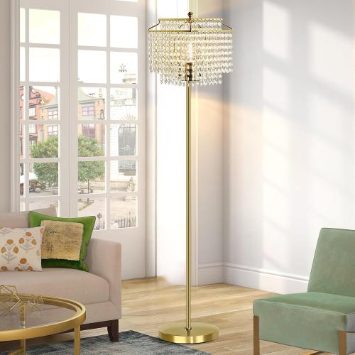 Luvkczc Gold Crystal Floor Lamp, 64 Tall Elegant Standing Lamp with On-Off Foot Switch, Double-Layer Lampshade, Standing Floor Lamps for Living Room, Bedroom, Office, 8W LED Bulb Included