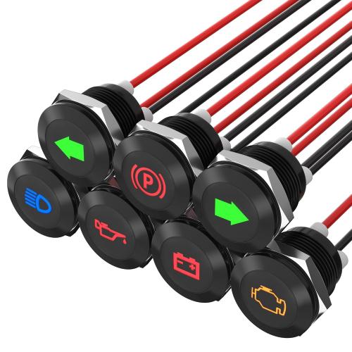 RVMARINEPAT 12V LED Indicator Light Small Indicator Light Waterproof 1/2 Panel Cutout 12 Volt 24 Volt Metal LED Indicator Pilot Dash Light with 300MM Wires -7PCS Black