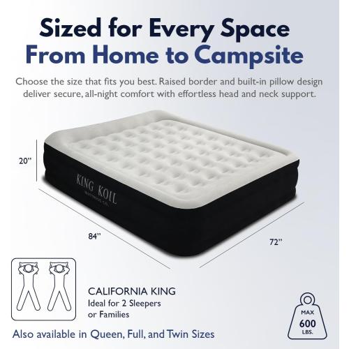 King Koil Luxury California King Size Air Mattress with Built-in High-Speed Pump Best for Home, Camping & Guests, 20 Double High Airbed Adjustable Blow Up Mattress, Waterproof, 1-Year Warranty