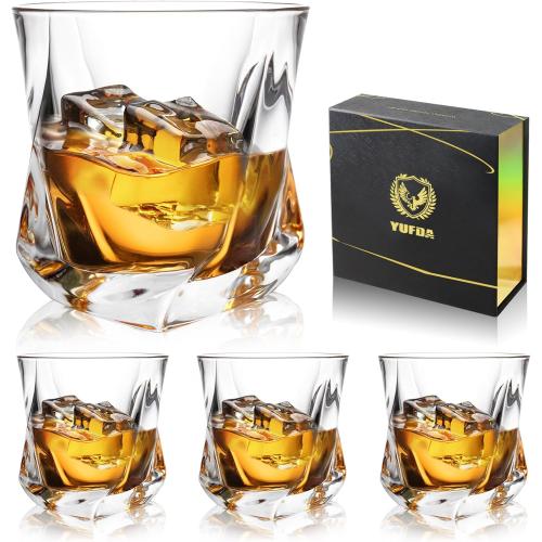 Whiskey Glasses, 7 oz Bourbon Glasses Set of 4 Square Bottom, Old Fashioned Glass for Drinking Cocktail Scotch Cognac, Luxury Whiskey gift for Men,Festival Gift