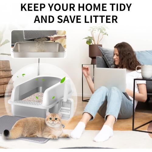 Size 19.6 L x 14 W x 12 H  Stainless Steel Cat Litter Box with Lid High Wall Sides Enclosure, Non-Sticky, Anti-Leakage, Easy Cleaning, with Cat Mat & Metal Scoop, 19.6 L x 14 W x 12 H