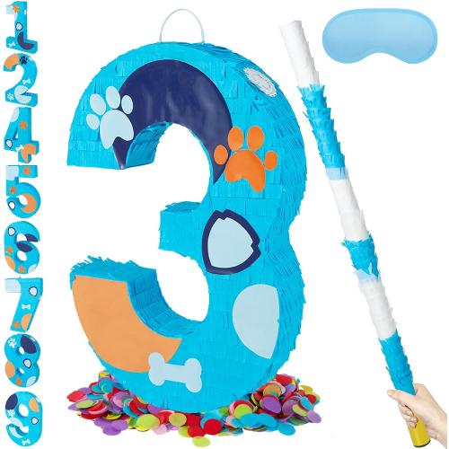 PCFING 20 Inch Dog Paw Number 3 Piñata with 30 Inch Piñata Stick Blindfold Confetti for Boy Girl Adults Birthday Party Decorations, Anniversary Celebration, Fiesta