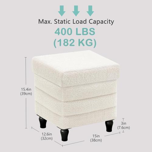 CAROLMADE Folding Storage Ottoman Cube Sherpa Footstool with Wood Legs Ottoman Footrest for Living Room and Bedroom, White 15x12.6x15.4