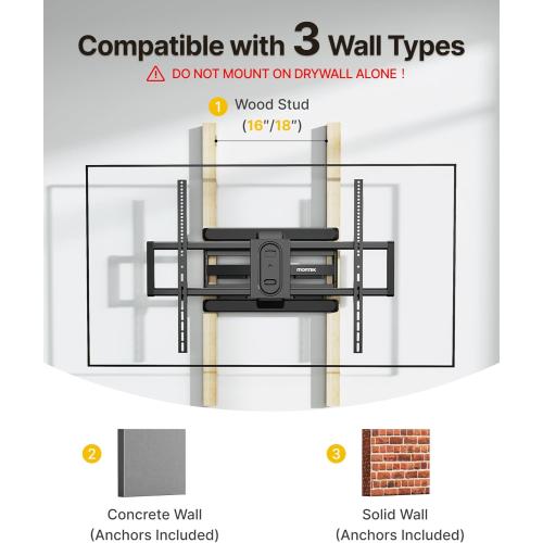 monTEK Heavy Duty Full Motion TV Wall Mount for 43–100 Inch TVs Pre-Assembled Bracket with Tool-Free Tilt Swivel & Extension Max VESA 800x600, 150lbs 4X Strength Tested Fits 16/18 Inch Studs